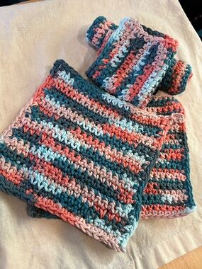 Handmade Crocheted Dishcloths set of 4  - Multicolor teal peach